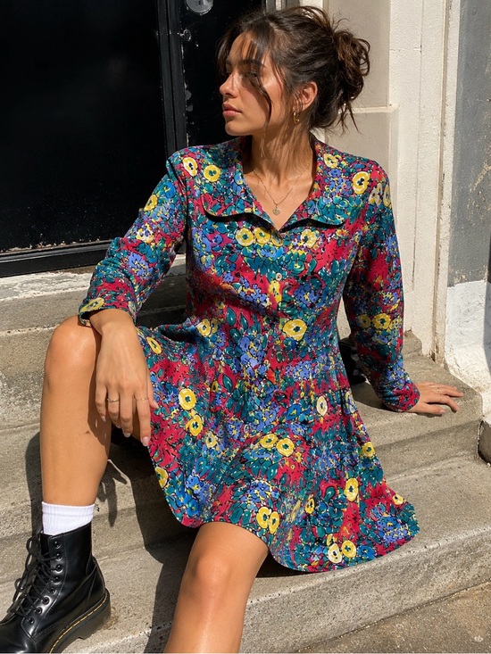 Vintage Dresses & Skirts - Vintage 80s/90s Mariposa Floral Rayon Mini Dress Square Sailor Collar M/13